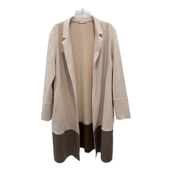 Zara Duster Coat Womens XL Faux Suede Longline Open Beige Brown Colorblock Soft - Picture 1 of 7